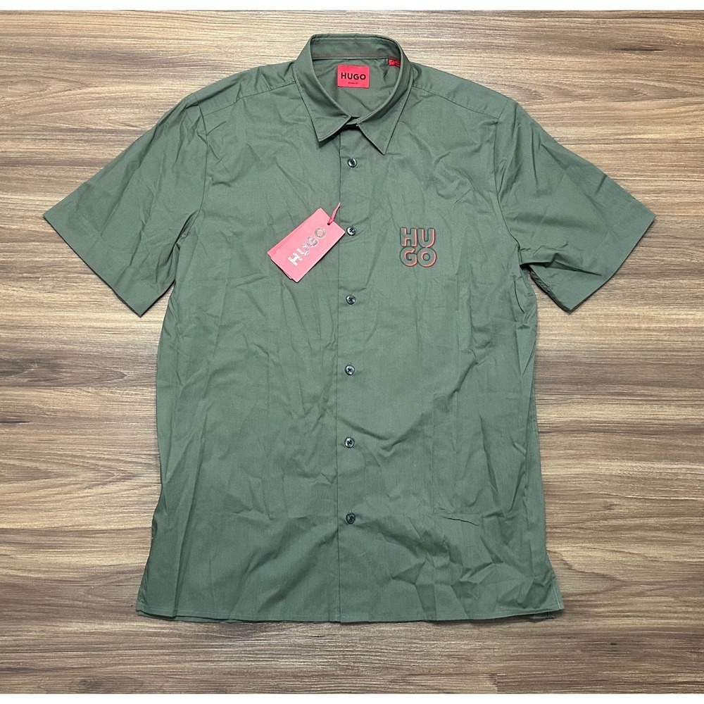 Hugo Boss Mens Ebor Logo Short Sleeve Button Up Shirt Dark Beige Green Sz M